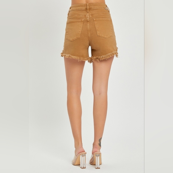 RISEN Cutoff High Rise Waist Distressed Moca Denim Frayed Mid-length Jean Shorts - Picture 8 of 16